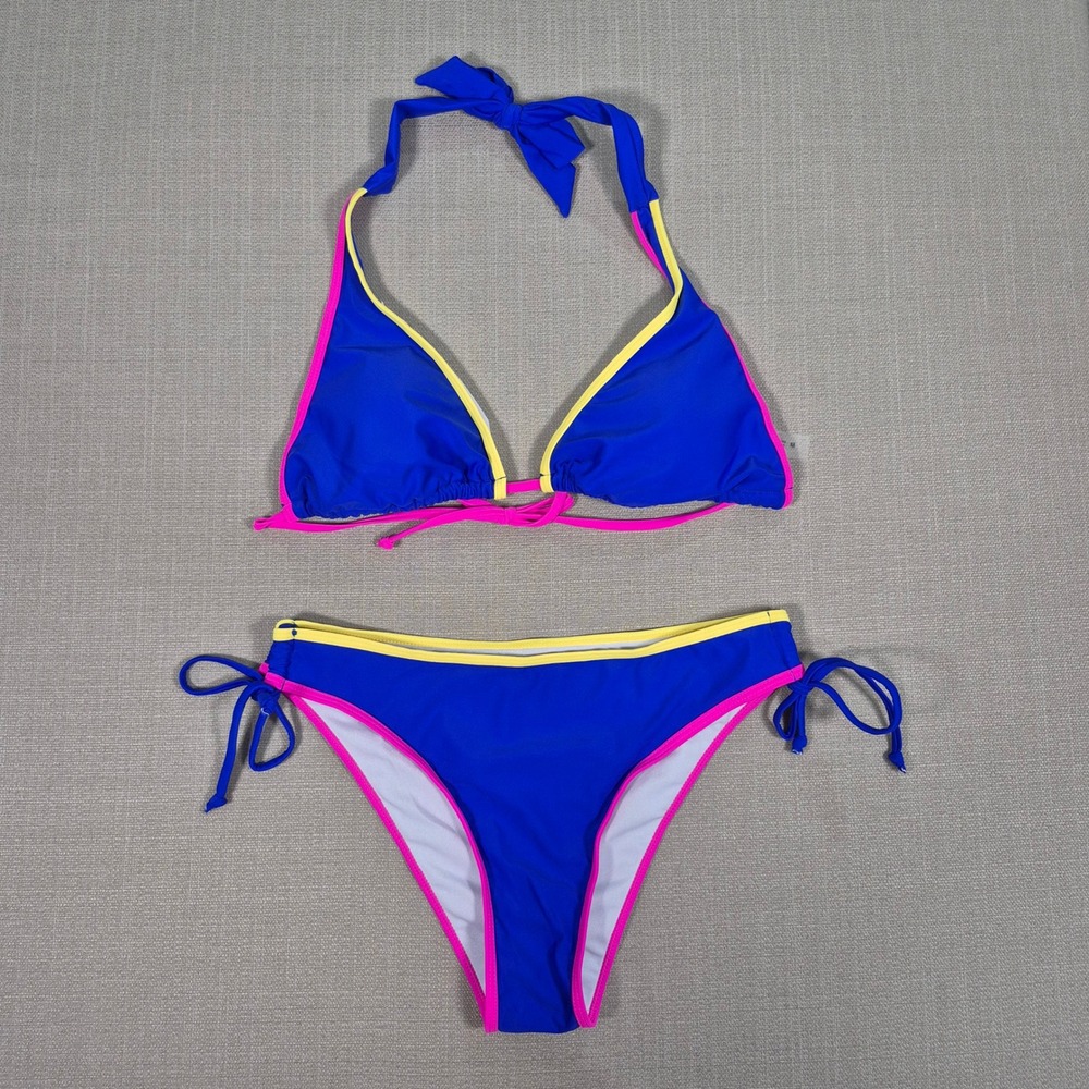 Unbranded‎ Blue Neon Pink Yellow Halter Triangle Bikini Set Size M Swimsuit